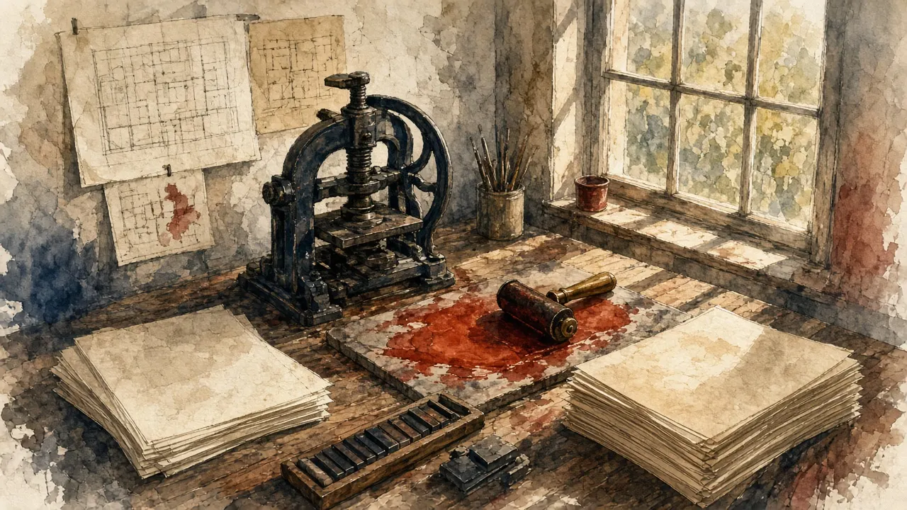 Watercolour of a quiet letterpress atelier: an iron press, stacked cream paper, an inking roller, and plans pinned to a wall.