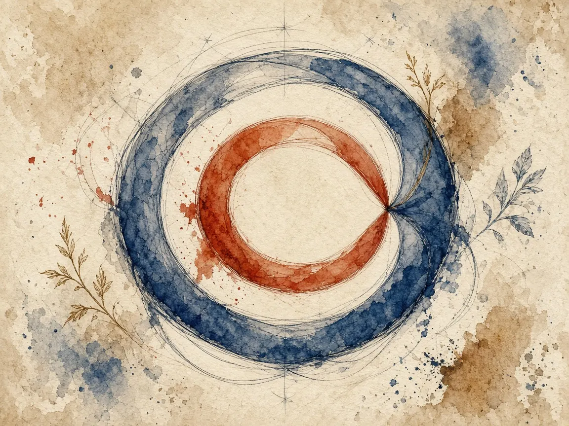 Watercolour plate of two interlocking rings: a tight vermilion inner loop inside a wider Prussian-blue outer loop.